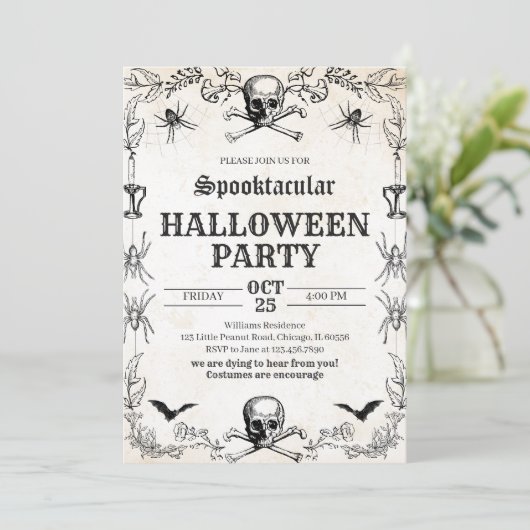 Vintag Skull Halloween Geburtstag Einladung (Stehend Vorderseite)