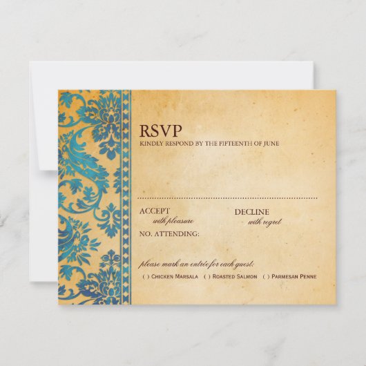 Vintag Sky Blue Damask Lace Wedding RSVP (Vorderseite)