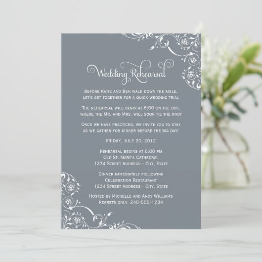 Vintag Slate Scrolls Hochzeit Probe und Abendessen Einladung (Stehend Vorderseite)