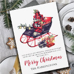 Vintag Sleigh Frohe Weihnachten<br><div class="desc">Ein Vintag inspiriert Weihnachtsschlitten in Aquarellfarbe, der mit Geschenken bestickt, mit heiligen und Steinglocken getrimmt und mit Schneeflocken auf reinem Weiß bestreut wird. Bearbeiten Sie den kurzen Vers, die frohe Weihnachtsgrüße (wechseln Sie zu Happy Holidays oder Season’s Greetings, oder entfernen), und die Familienname Zeile, um es zu Ihrem. Nostalgisches Styling...</div>