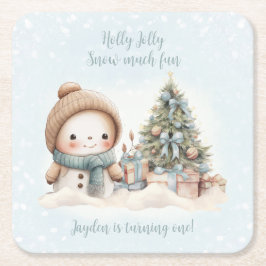 Vintag Snowman Blauer Name Weihnachten 1. Geburtst Rechteckiger Pappuntersetzer