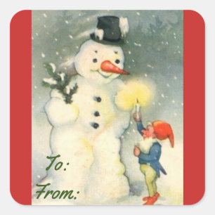 Vintag Snowman-Geschenksticker Quadratischer Aufkleber