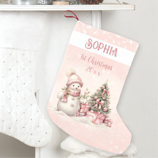 Vintag Snowman Girl Pink 1. Strumpf Kleiner Weihnachtsstrumpf