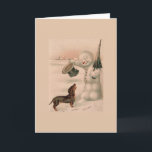 Vintag - Snowman grüßt eine Dackel, Feiertagskarte<br><div class="desc">Ein Vintages Beispiel dafür,  wie ein Schneemann seinen Oberhut abhaut und sich den Kopf in Gruß an einen Dackel-Hund beugt,  der sich ihm an einem schneebedeckten Wintertag nähert.  Diese Karte ist leer für Ihre eigene Nachricht.</div>