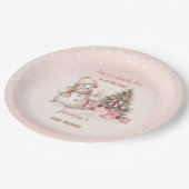 Vintag Snowman Pink Christmas Girl Babydusche Pappteller (Schrägansicht)