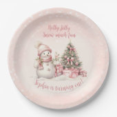 Vintag Snowman Pink Weihnachten Erster Geburtstag Pappteller (Vorderseite)