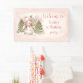 Vintag Snowman Pink Winter 1. Geburtstag Banner (Insitu)
