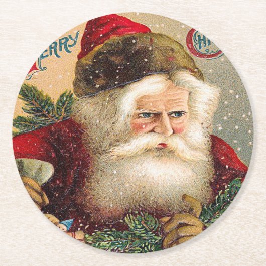 Vintag Snowy Santa Claus Frohe Weihnachten Runder Pappuntersetzer (Vorderseite)