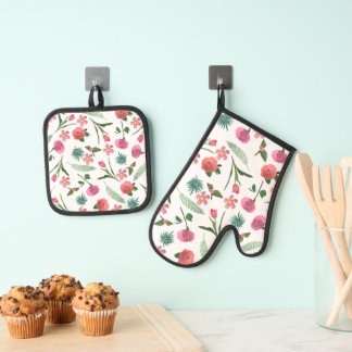 Vintag Soft Rose 3D Floral Accent Kitchen Ofenhandschuh & Topflappen-Set