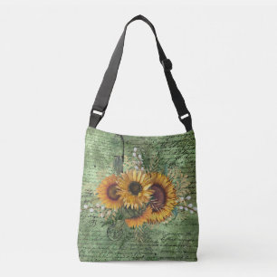 Vintag Sonnenblume Bouquet Green Ephemera Tragetaschen Mit Langen Trägern