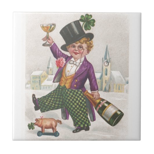 Vintag St Patricks Day Kleeblatt Champagne Fliese (Vorderseite)