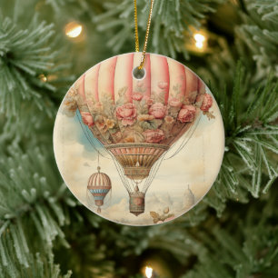 Vintag Steampton Pink Floral Hot Air Ballon Keramik Ornament