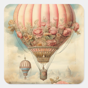 Vintag Steampton Pink Floral Hot Air Ballon Quadratischer Aufkleber