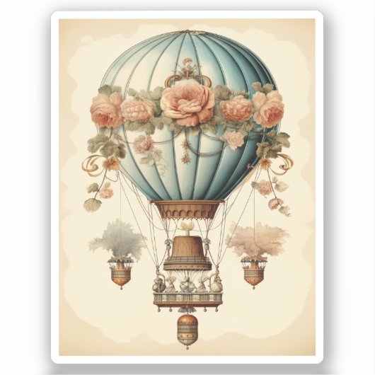 Vintag Steampunk Floral Blue Heißluftballon Aufkleber (Vorderseite)