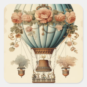 Vintag Steampunk Floral Blue Heißluftballon Quadratischer Aufkleber