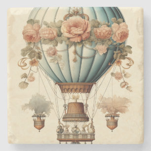 Vintag Steampunk Floral Blue Heißluftballon Steinuntersetzer