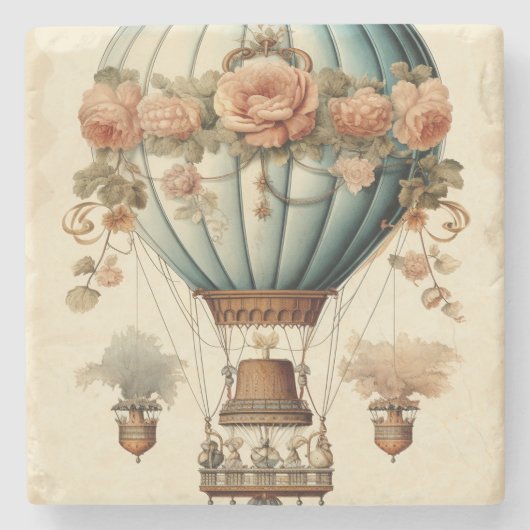 Vintag Steampunk Floral Blue Heißluftballon Steinuntersetzer (Vorderseite)