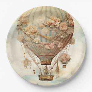 Vintag Steampunk Floral Blue Hot Air Ballon (2) Pappteller
