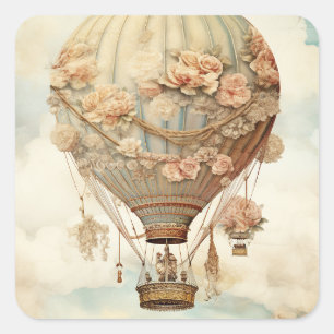 Vintag Steampunk Floral Blue Hot Air Ballon (2) Quadratischer Aufkleber