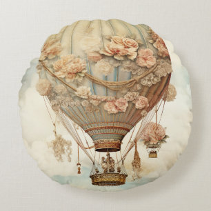 Vintag Steampunk Floral Blue Hot Air Ballon (2) Rundes Kissen