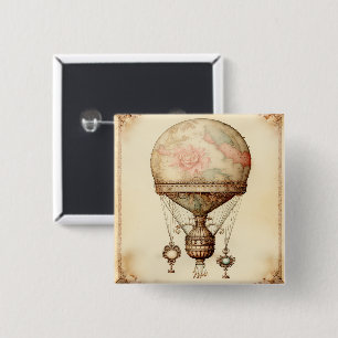 Vintag Steampunk Floral Hot Air Ballon Button