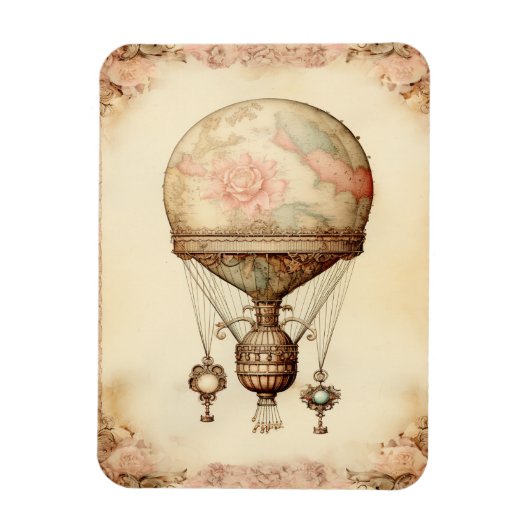 Vintag Steampunk Floral Hot Air Ballon Magnet (Vertikal)