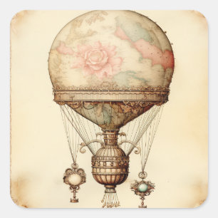 Vintag Steampunk Floral Hot Air Ballon Quadratischer Aufkleber