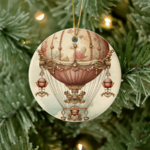 Vintag Steampunk Pink Heißluftballon Keramik Ornament