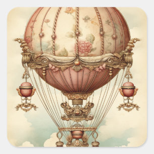 Vintag Steampunk Pink Heißluftballon Quadratischer Aufkleber