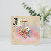 Vintag Stork Baby Boy Dusche Einladung (Stehend Vorderseite)