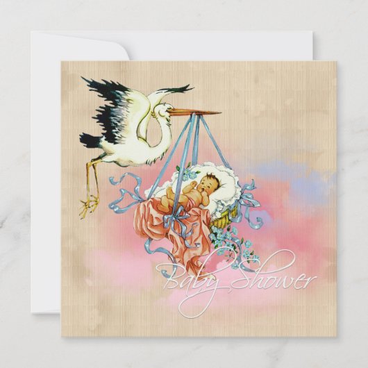 Vintag Stork Baby Boy Dusche Einladung (Vorderseite)