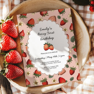 Vintag Strawberry Berry Erster Geburtstag Einladung