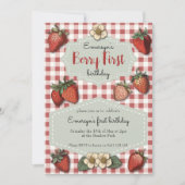 Vintag Strawberry Berry First Gingham Birthday Einladung (Vorderseite)