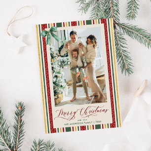 Vintag Stripe Red Green Bow Frohe Weihnachtsfeier  Feiertagskarte