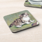Vintag Striped Kitten Illustration Getränkeuntersetzer (Linke Seite)