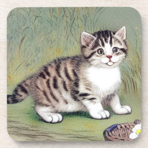 Vintag Striped Kitten Illustration Getränkeuntersetzer
