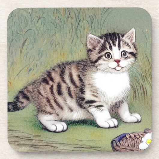 Vintag Striped Kitten Illustration Getränkeuntersetzer (Vorderseite)