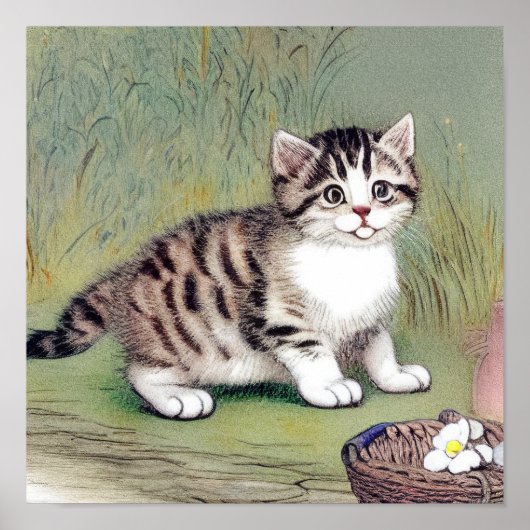 Vintag Striped Kitten Illustration Poster (Vorne)