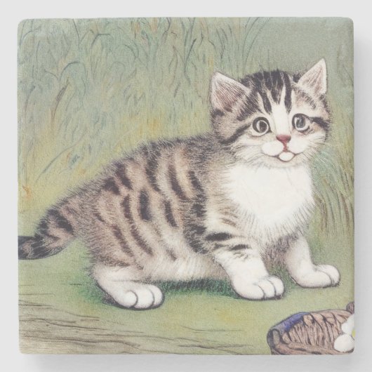Vintag Striped Kitten Illustration Steinuntersetzer (Vorderseite)