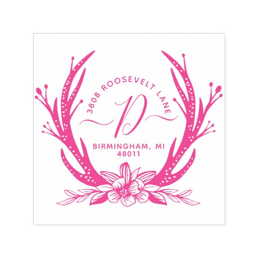 Vintag Style Antler Horns Floral Monogram Address Permastempel (Design)