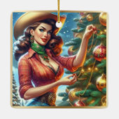 Vintag Style Cowgirl Weihnachtsfest Keramikornament (Rückseite)