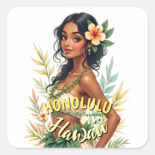 Vintag Style Hawaii Travel Honolulu Hula Girl Quadratischer Aufkleber
