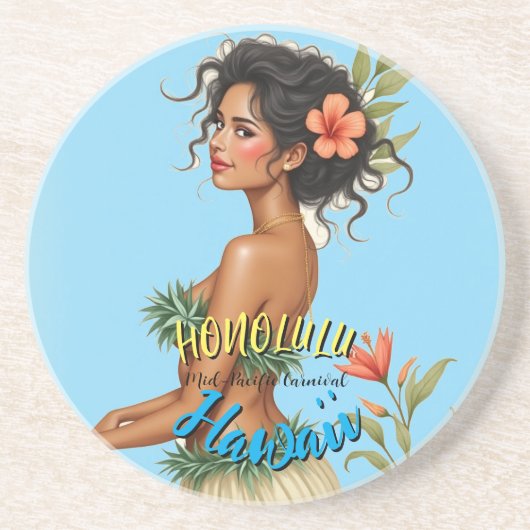 Vintag Style Hawaiian Travel Honolulu Hula Girl Getränkeuntersetzer (Vorne)