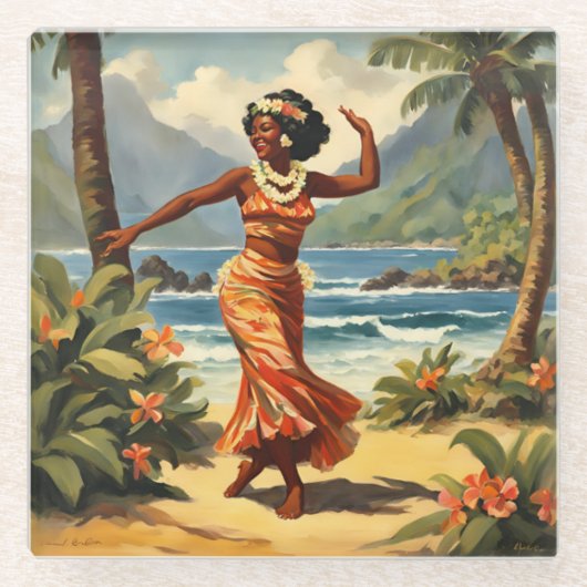 Vintag Style Hawaiian Travel Hula Girl Dancing Glasuntersetzer (Vorderseite)