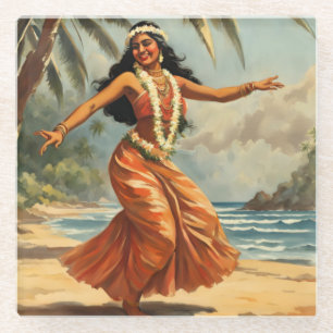 Vintag Style Hawaiian Travel Hula Girl Dancing Glasuntersetzer