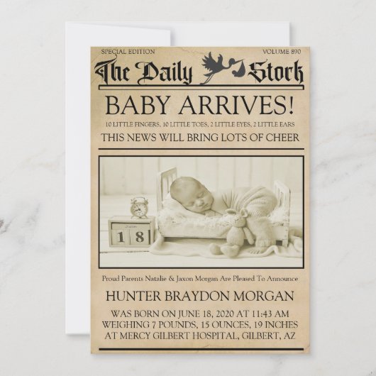 Vintag Style Newsletter Geburtsankündigung Einladung (Vorderseite)