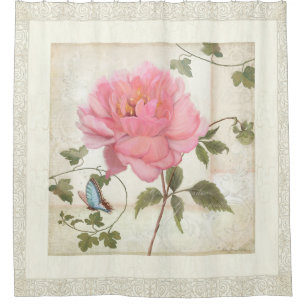 Vintag Style Peony Blume w Butterfly n Foliage Duschvorhang