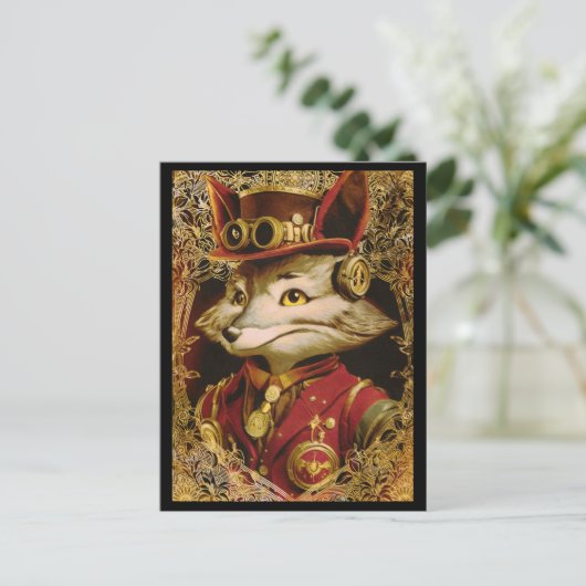 Vintag Style Steampunk Fox Postkarte (Stehend Vorderseite)