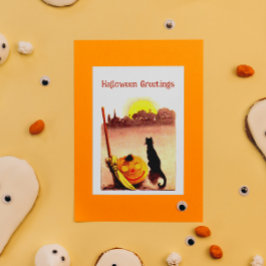 Vintag Sunset Black Katzenkürbis Halloween Feiertagskarte