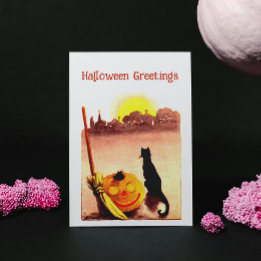 Vintag Sunset Black Katzenkürbis Halloween Feiertagspostkarte
